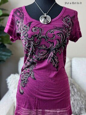 USA New Vocal Apparel Women's Crystal Magenta Pink Burnout Floral Shirt S Small